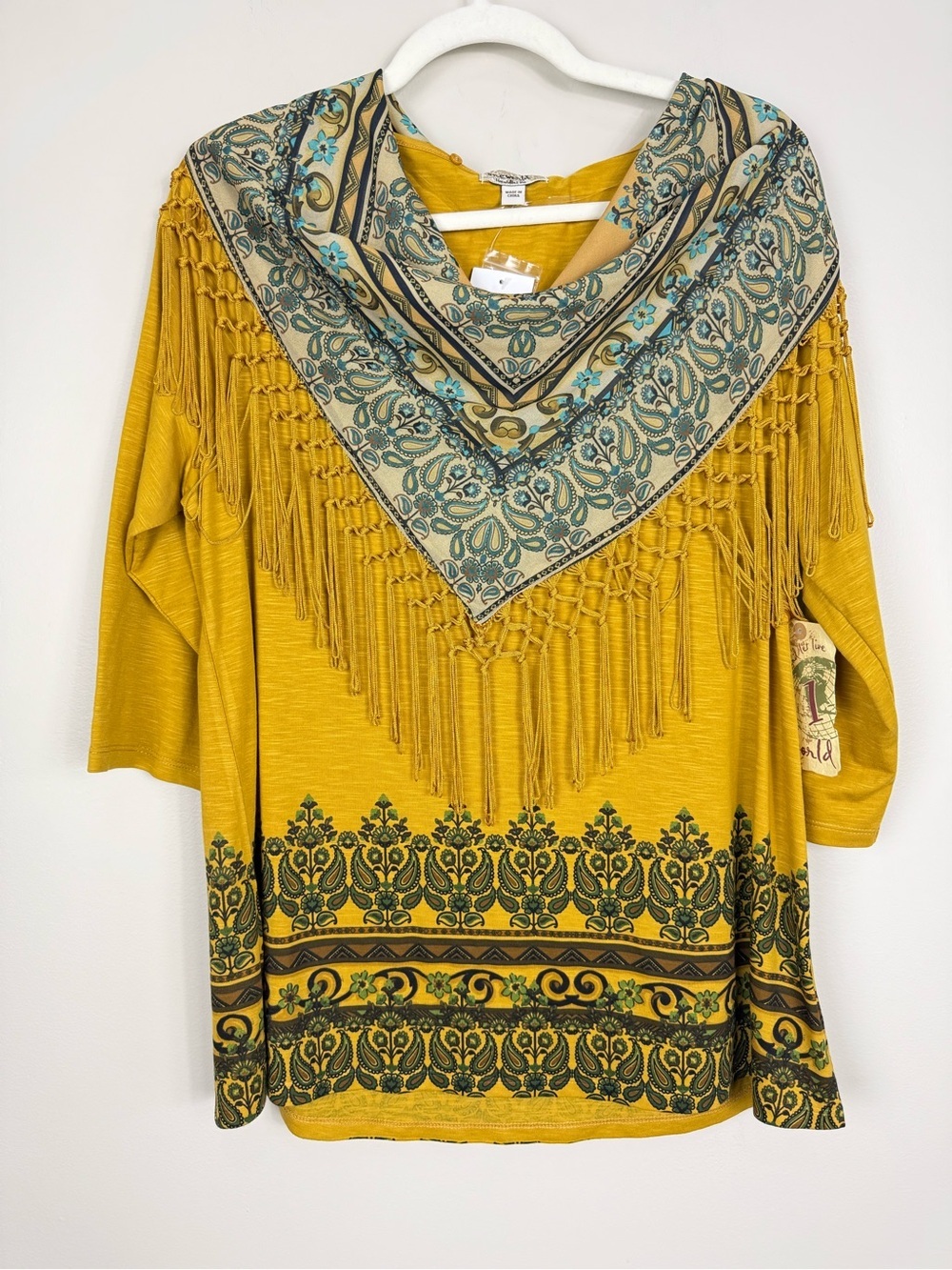 One World Top Paisley Fringe Scarf Womens Petite XL Blouse Yellow Brown NWT